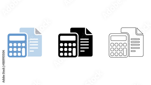 A set of calculator icons with documents representing accounting and financial calculations