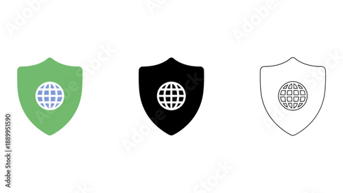 A set of global security shields with a globe logo on a white background for digital protection