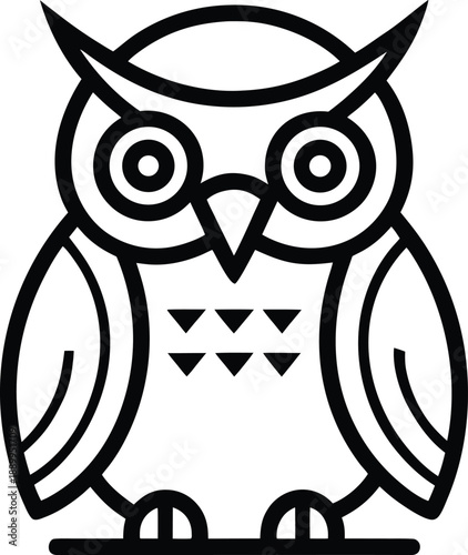A cartoon owl with large eyes and triangular markings on chest