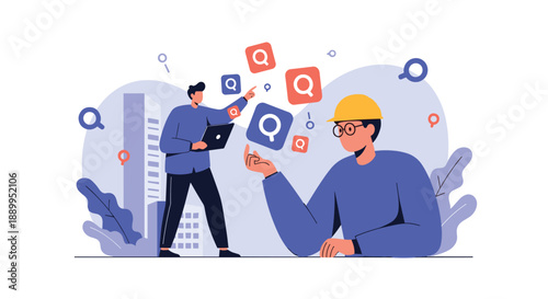 Two professionals in the construction industry work together with digital search icons to plan an urban architectural project.