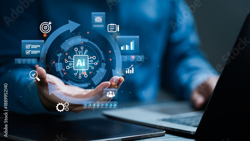 Businessman use AI artificial intelligence technology for business automation and data driven workflow optimization of AI system, machine learning, smart analytics, Robotic process RPA technology