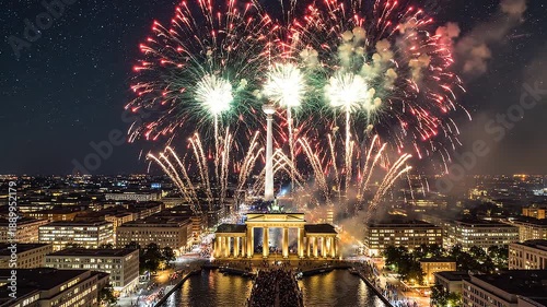 Spectacular fireworks display over Berlin illuminating the iconic Brandenburg Gate
