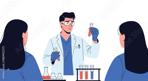 Lead scientist in safety goggles presents chemical test tubes to colleagues while conducting research in a modern laboratory.