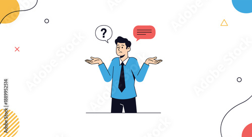 Confused businessman in a blue shirt shrugs his shoulders with a question mark and speech bubble above his head.