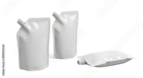 Set of white flexible pouches with spouts