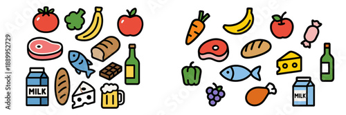 Variety of colorful food items in vector illustration style