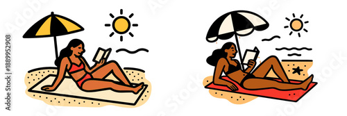 Enjoying a sunny beach day with reading under an umbrella