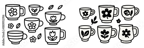Colorful floral coffee cups and mugs in vector design