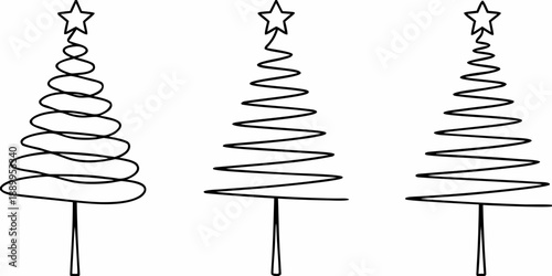Three abstract black line art representations of stylized christmas trees
