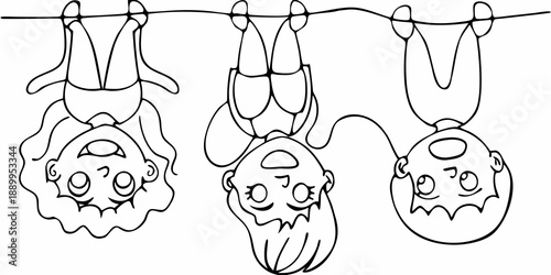 A simple black and white illustration of several upside down bats hanging