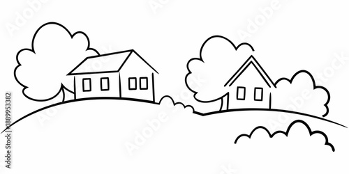 Simple line drawing of two houses nestled among rolling hills and clouds