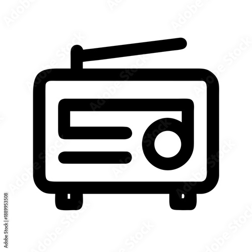 Minimalist black and white line icon of radio with antenna, speaker grill, and knob, symbolizing audio, broadcasting, communication, and entertainment device.