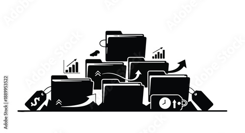 Business finance office supplies illustration with briefcases folders charts and money bags in modern minimalist style for corporate concept