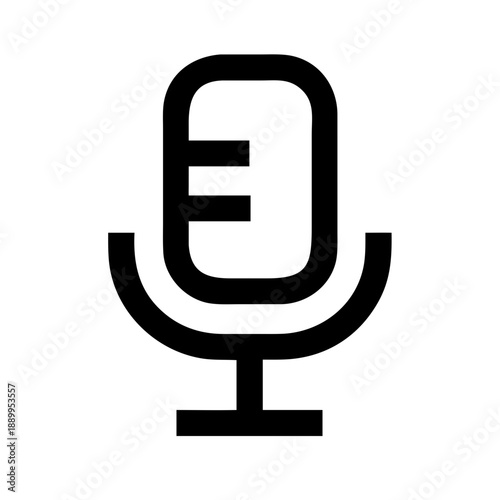 Minimalist black and white microphone icon with oval head, horizontal lines, and stand base, symbolizing audio recording, voice input, and sound capture