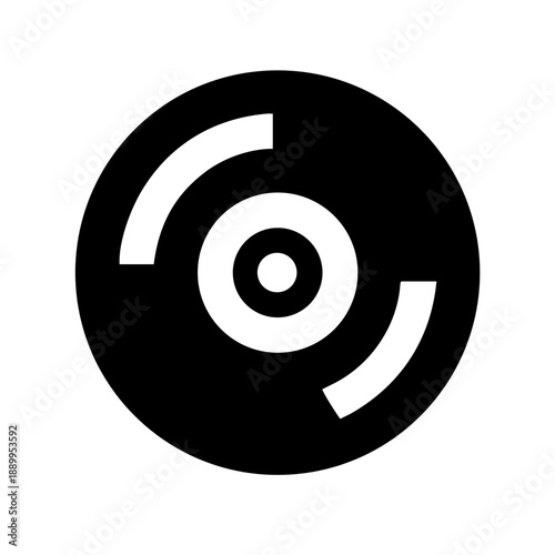 Minimalist black and white disc icon with central hole and curved grooves, symbolizing music, audio media, vinyl record, CD, and digital data storage