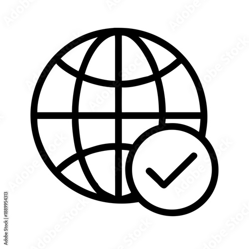 Minimalist black and white line icon of globe with latitude and longitude lines and checkmark, symbolizing verified global network, internet access, and worldwide connectivity.