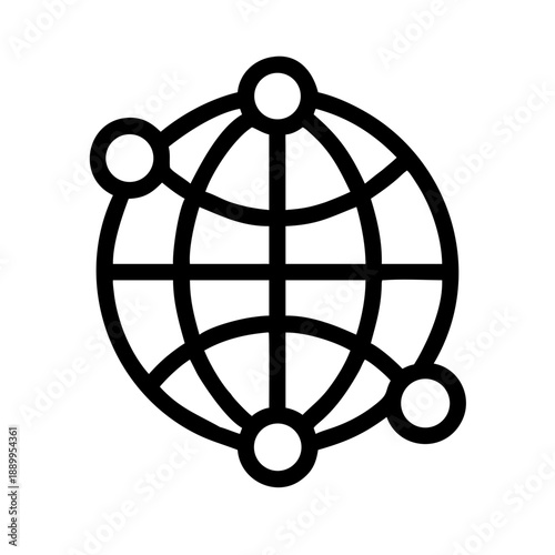 Minimalist black and white line icon of globe with latitude and longitude lines and connected nodes, symbolizing internet, global network, communication, and connectivity.