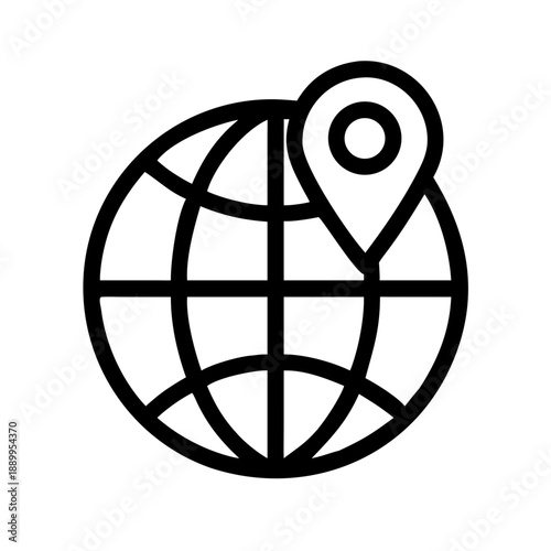 Minimalist black and white icon of globe with latitude and longitude lines and location pin, symbolizing global positioning, worldwide navigation, and connectivity