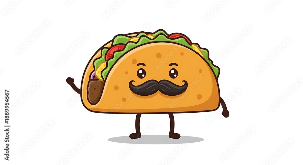 Fototapeta premium Cartoon Taco Character with Mustache Waving, Isolated on White Background.
