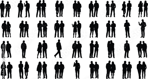 People Silhouettes Collection, Large Set of Diverse Men and Women Standing, Walking, and Talking, Group of Figures for Urban Lifestyle Projects