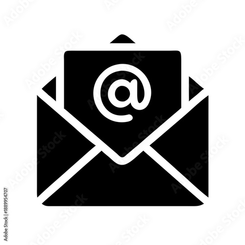 Minimalist black and white envelope icon with card showing @ symbol, representing email, electronic communication, and digital messaging