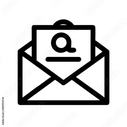 Minimalist black and white envelope icon with paper showing magnifying glass, symbolizing search, inquiry, email, and information request