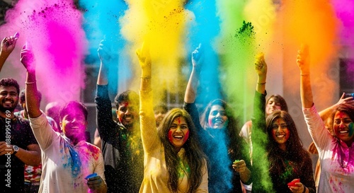 Group of young people celebrating Holi festival with colorful powder.