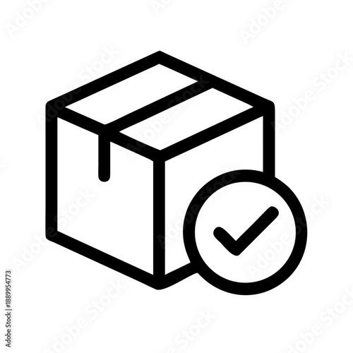 Minimalist black and white cardboard box icon with taped top and checkmark in circle, symbolizing approval, verification, delivery, logistics, and inventory management