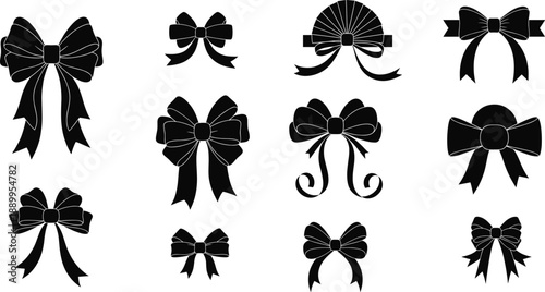Decorative ribbon bow silhouette icon set with vintage gift and ornament styles for packaging celebration designs