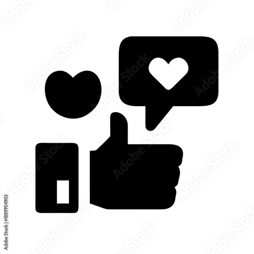 Minimalist black and white icon with thumbs-up, heart, and speech bubble containing heart, symbolizing approval, love, feedback, and social interaction