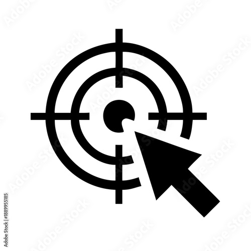 Minimalist black and white crosshair icon with computer mouse cursor pointing at center, symbolizing precision targeting, selection, focus, and digital accuracy