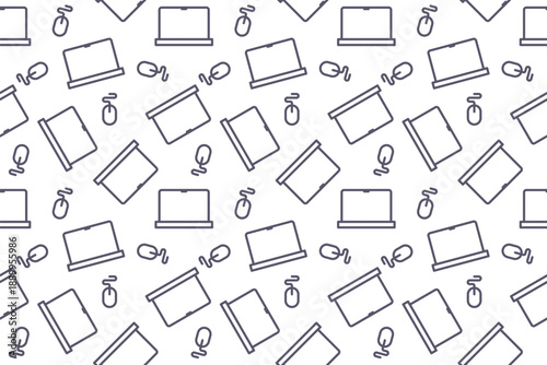 Seamless technology pattern with purple outline icons of laptops and computer mice. Modern digital background for IT software, online education, remote work, and electronics branding.