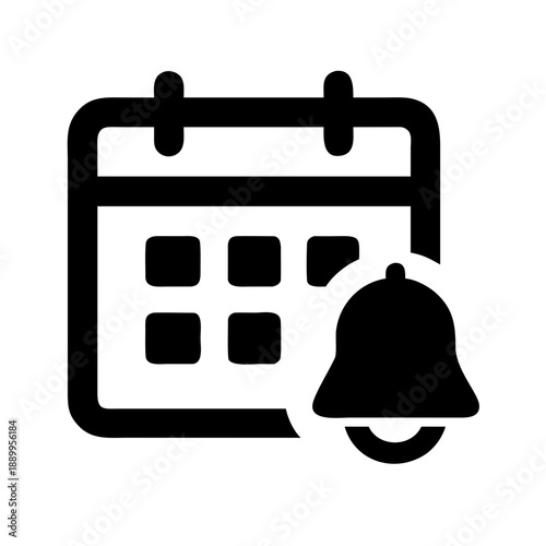 Black and white icon of calendar with bell reminder, symbolizing scheduling, planning, notifications, alerts, appointments, deadlines, and task management