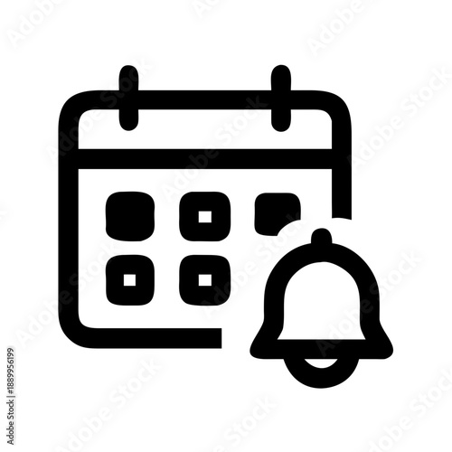 Black and white icon of calendar with bell reminder, symbolizing scheduling, planning, notifications, alerts, appointments, deadlines, and task management