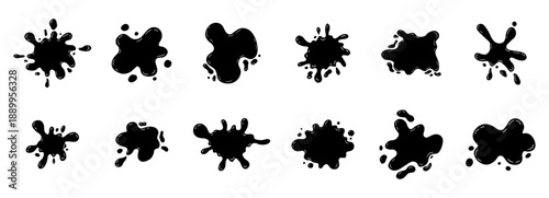 Black smooth ink shiny blob form set. Splash with glossy drops, round abstract shapes silhouette liquid. Soft fluid organic puddle border, frame. Current drops. Ink Paint fall down liquid.