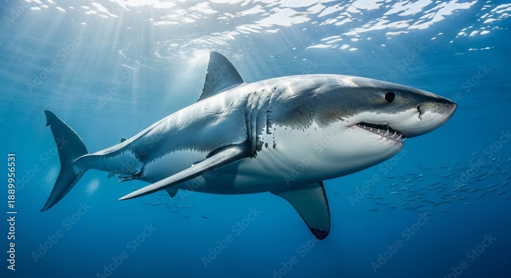Fototapeta premium Great white shark swimming underwater with sunlight rays.