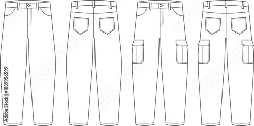 Minimal vector outline illustration of trousers and cargo pants with belt loops and functional pockets. Clean fashion technical sketches suitable for garment development, pattern making, and clothing