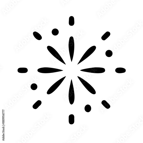Black and white icon of symmetrical radial starburst with teardrop and oval shapes, symbolizing fireworks, light burst, celebration, and decorative effects