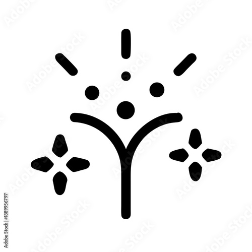Black and white icon of stylized fireworks burst with stars and sparks, symbolizing celebration, festivity, and special events