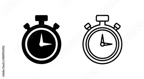 Stopwatch icons with hands indicating time, solid black and outlined, representing timekeeping and precision.