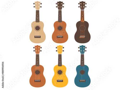 Set of six colorful ukuleles in different finishes