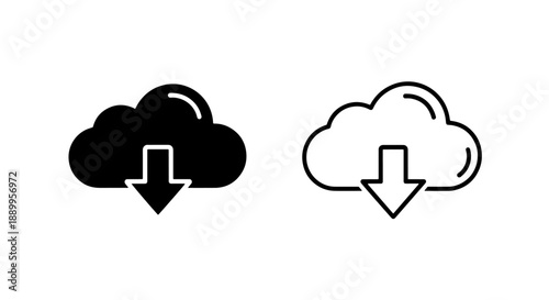 Cloud download icon set, black and white, symbolizing data transfer and online storage