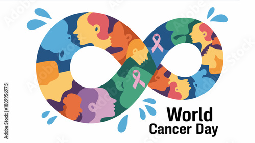 Colorful illustration for world cancer day featuring an infinity symbol of diverse faces