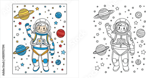 Cute Cartoon Astronaut in Space with Planets and Stars, Educational Coloring Page and Colored Reference Set for Kids Activity, Creative Vector Illustration for Children's Book and Education