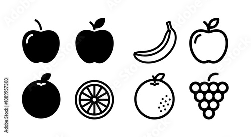 Collection of fruit icons: apples, banana, orange, grapes, and lemon slice, solid and outline