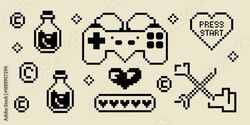 Vintage 8-bit video game design elements featuring gamepad, power-ups, and a wrench icon.