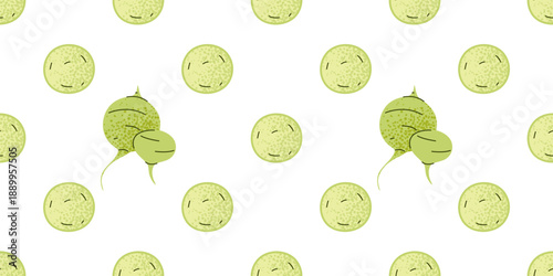 Radish vegetable pattern with fresh green slices in a flat stylized design. Decorative food texture inspired by spring salad and healthy cuisine.
