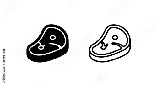Steak Icons in 3D Perspective: Raw Meat Cut, Solid and Outline