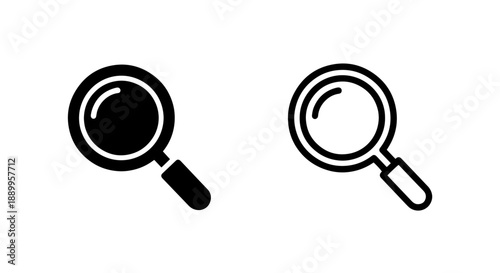 Search Icons: Magnifying Glass in Solid Black and Outline Styles for Finding Information