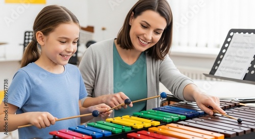 Young Girl Learning to Play Xylophone with Adult Guidance.